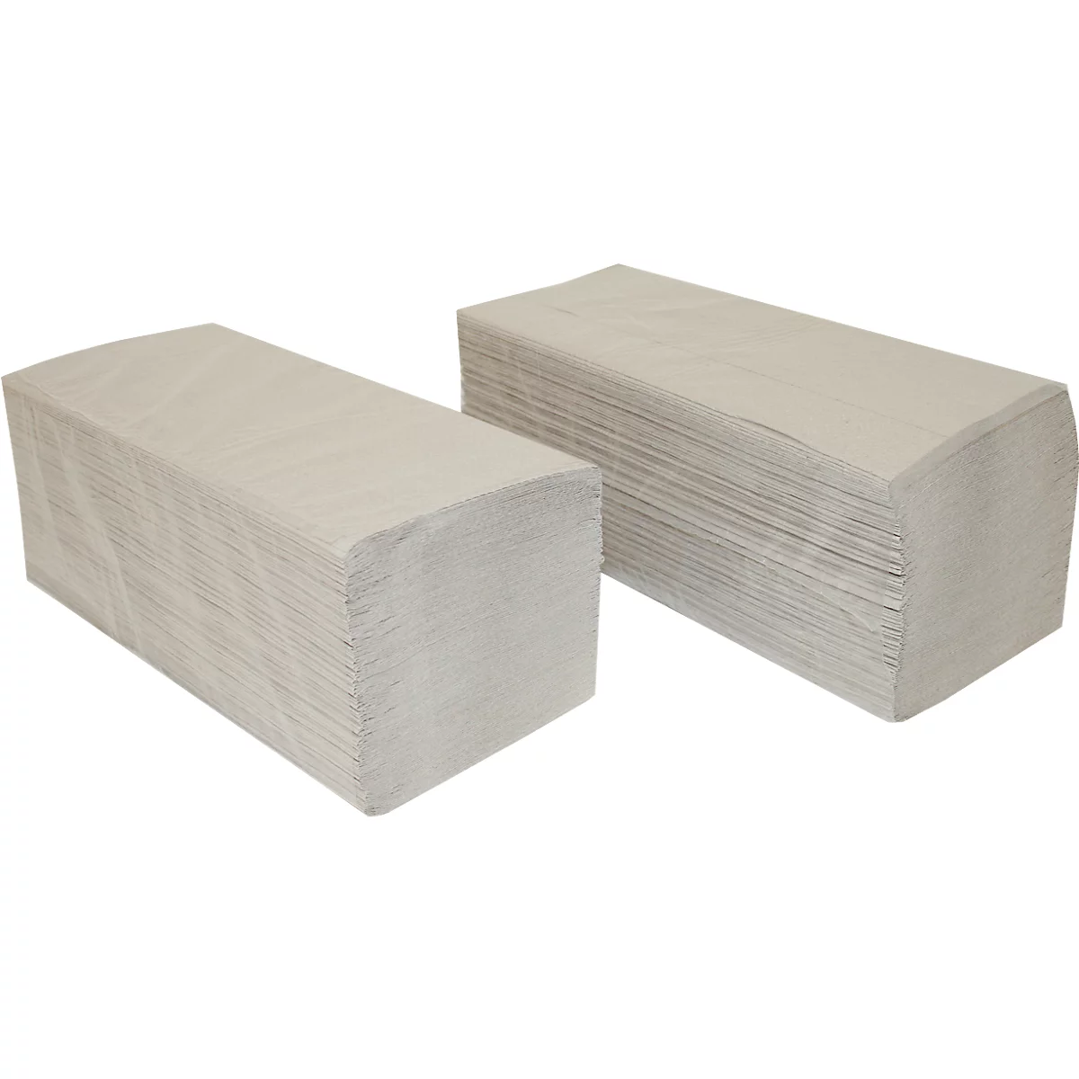 Zwei rechteckige Papiertücher-Pakete, beige. Das linke Paket ist kleiner.