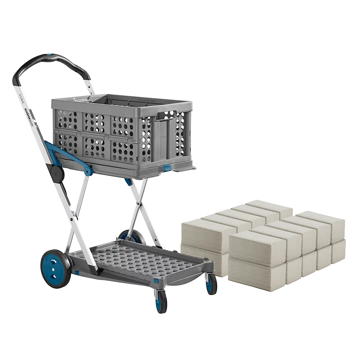 Grauer faltbarer Einkaufstrolley mit zwei Ebenen und blau-schwarzen Akzenten. Oben ein Korb, unten Ablage mit Papierblöcken.