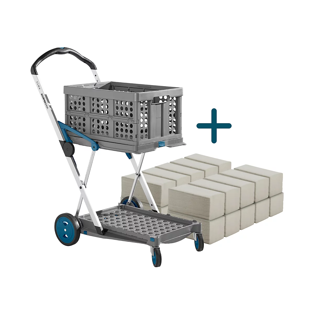 Grauer Einkaufstrolley mit grauen Steinen, ein Pluszeichen rechts daneben.