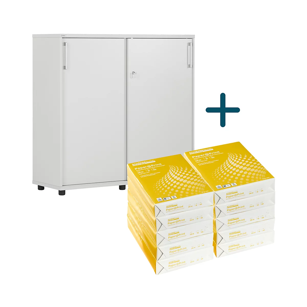 Weißer Aktenschrank mit Papierstapeln daneben. Ein Plus-Zeichen deutet auf die Kombination der Artikel hin.