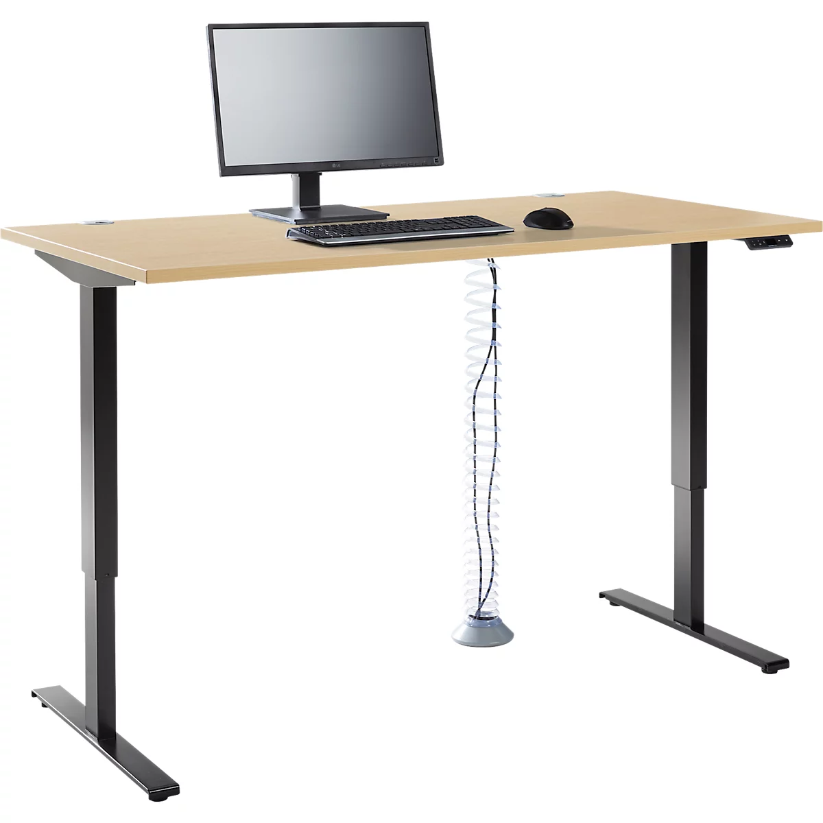 Komplettangebot Schäfer Shop Genius Schreibtisch AERO FLEX, 1-stufig elektrisch höhenverstellbar, Rechteck, T-Fuß, B 1600 mm, Ahorn-Dekor/schwarz + Kabelspirale