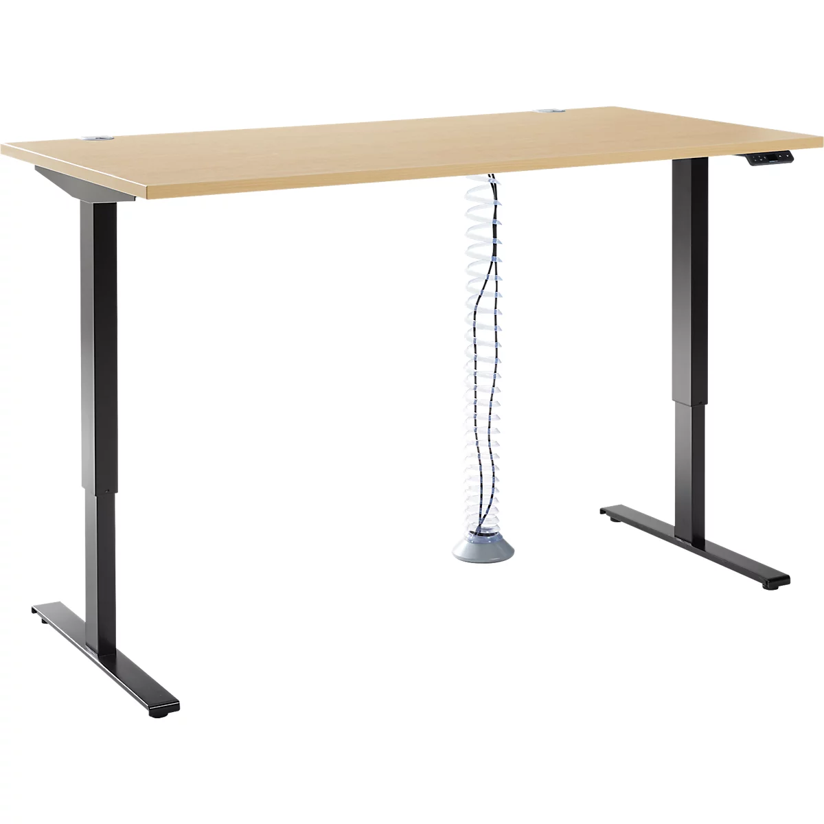 Komplettangebot Schäfer Shop Genius Schreibtisch AERO FLEX, 1-stufig elektrisch höhenverstellbar, Rechteck, T-Fuß, B 1600 mm, Ahorn-Dekor/schwarz + Kabelspirale
