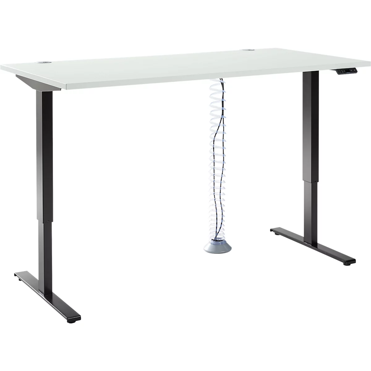 Komplettangebot Schäfer Shop Genius Schreibtisch AERO FLEX, 1-stufig elektrisch höhenverstellbar, Rechteck, T-Fuß, B 1600 mm, lichtgrau/schwarz + Kabelspirale