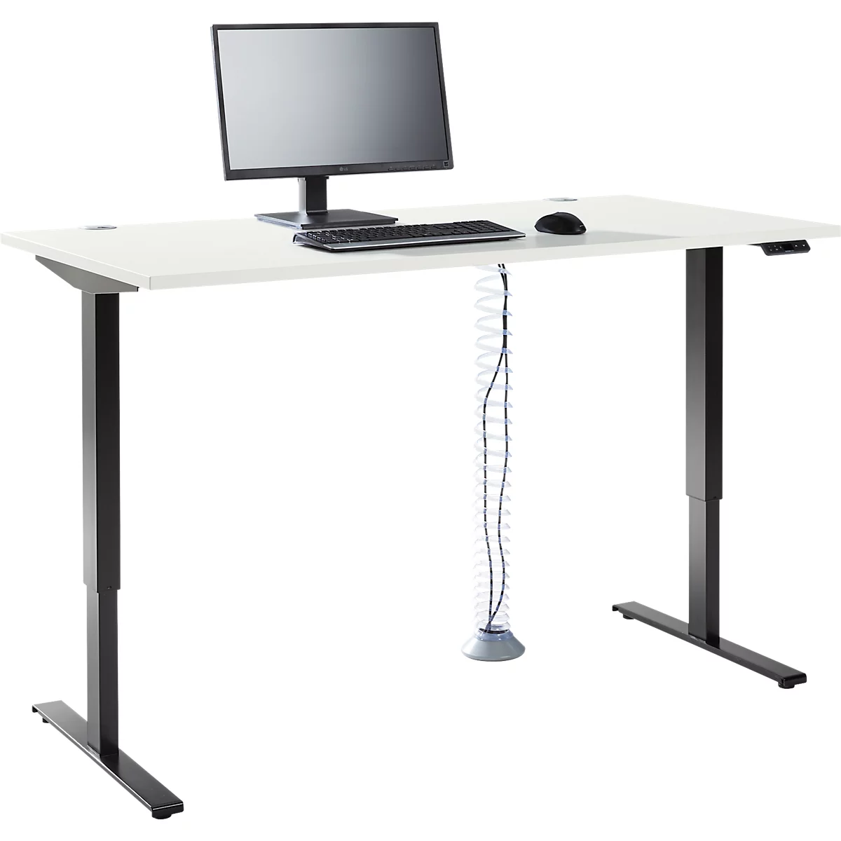 Komplettangebot Schäfer Shop Genius Schreibtisch AERO FLEX, 1-stufig elektrisch höhenverstellbar, Rechteck, T-Fuß, B 1600 mm, weiß/schwarz + Kabelspirale