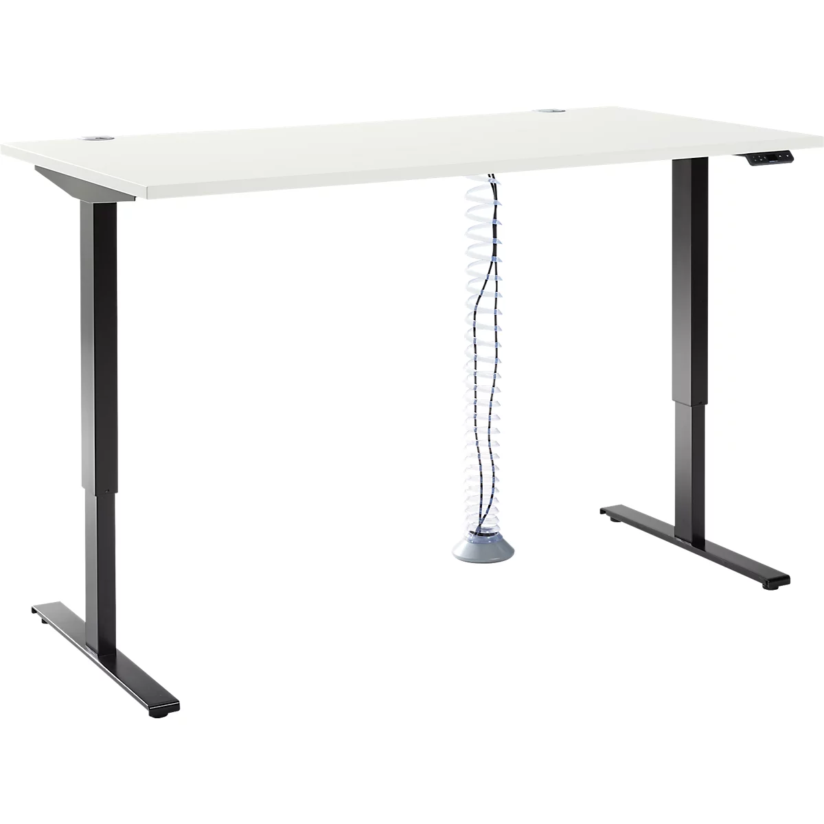 Komplettangebot Schäfer Shop Genius Schreibtisch AERO FLEX, 1-stufig elektrisch höhenverstellbar, Rechteck, T-Fuß, B 1600 mm, weiß/schwarz + Kabelspirale