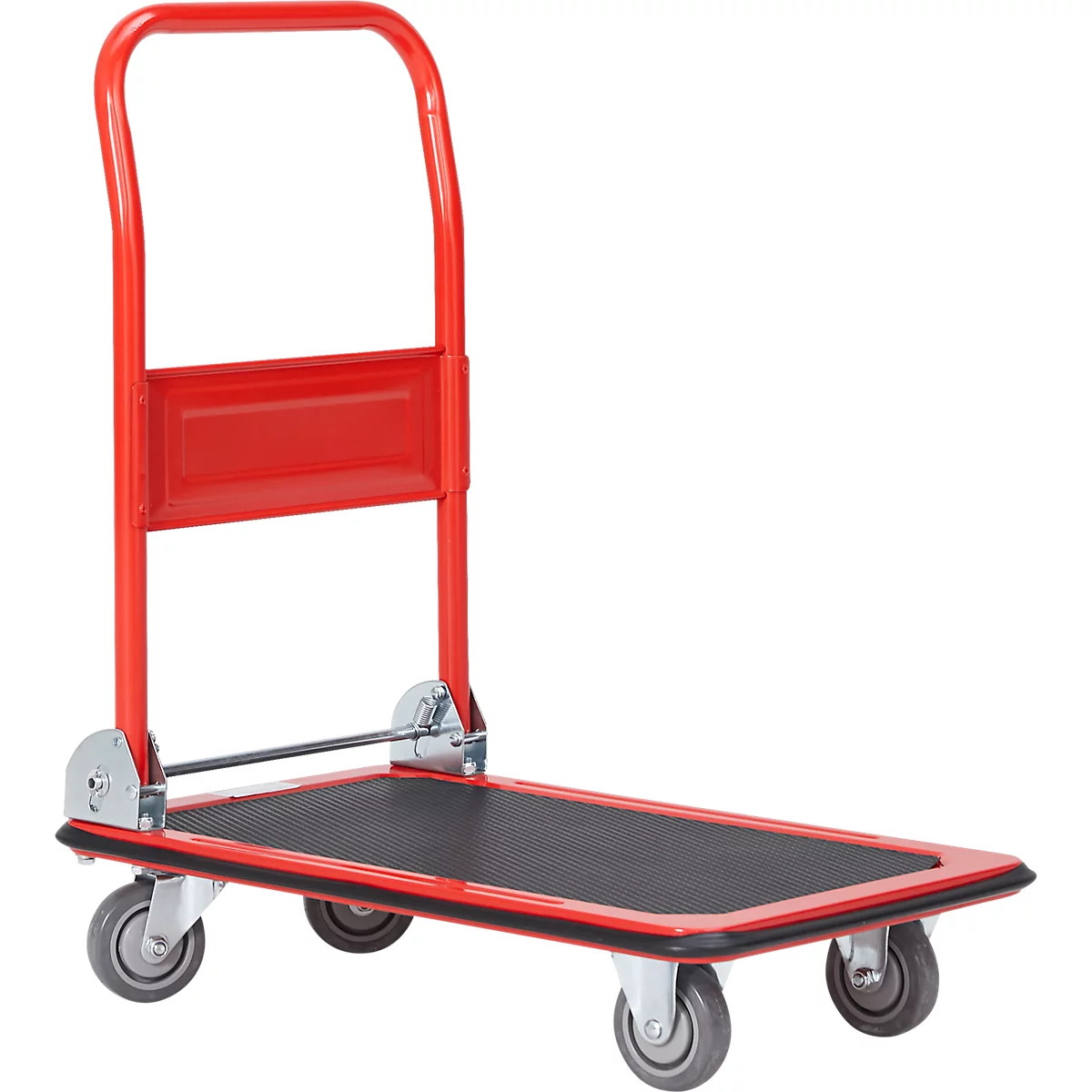 Ein roter Transportwagen mit schwarzer Ladefläche und vier Rädern. Der Griff ist hochgezogen.