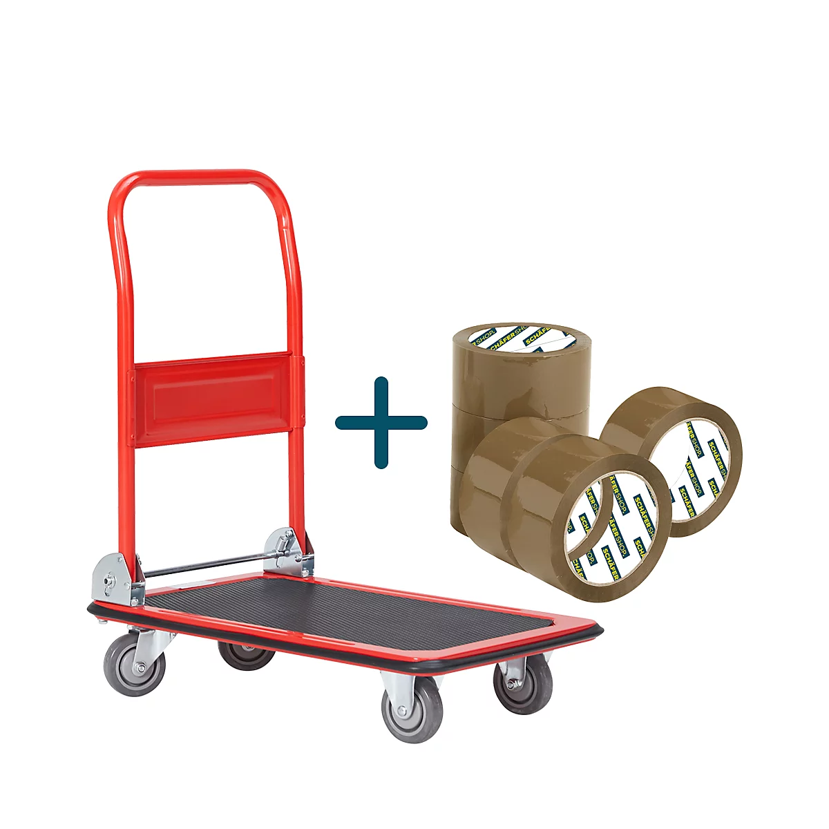 Roter Handwagen mit braunen Klebebändern, ein Pluszeichen verbindet die Elemente.