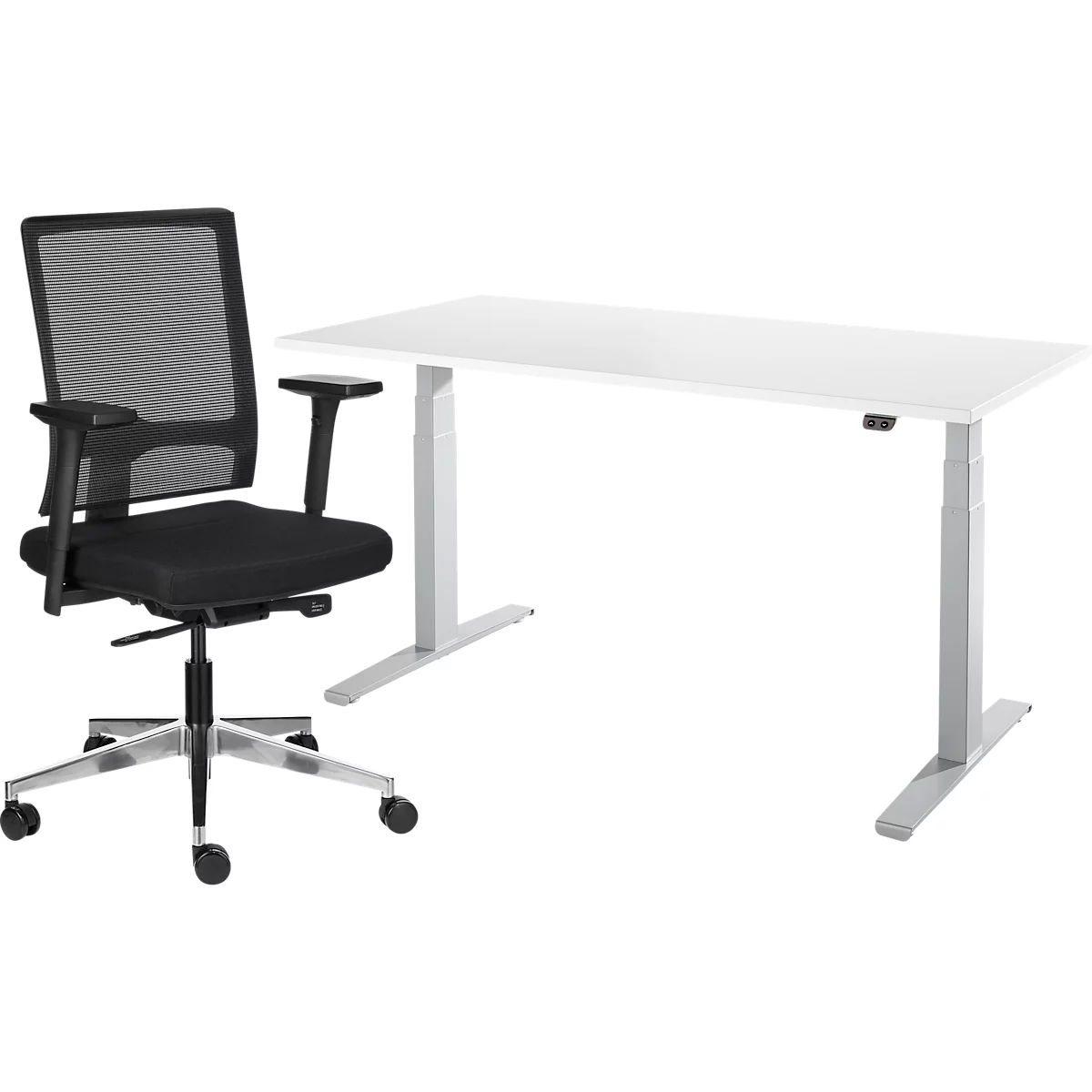 Komplettangebot Schäfer Shop Select Schreibtisch, elektrisch höhenverstellbar, B 1600 mm + Bürostuhl NET MATIC, Armlehnen, Auto-Synchronmechanik, Netzrücken