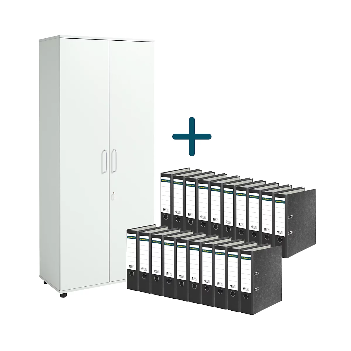 Weißer Aktenschrank und Aktenordner mit Pluszeichen. Ideal für das Büro.