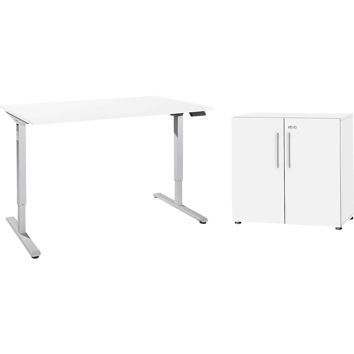Komplettangebot Schreibtisch, elektrisch höhenverstellbar, B 1600 mm, Kabelkanal und Memorypanel, weißalu/weiß + Schrank, 2 OH, abschließbar, weiß