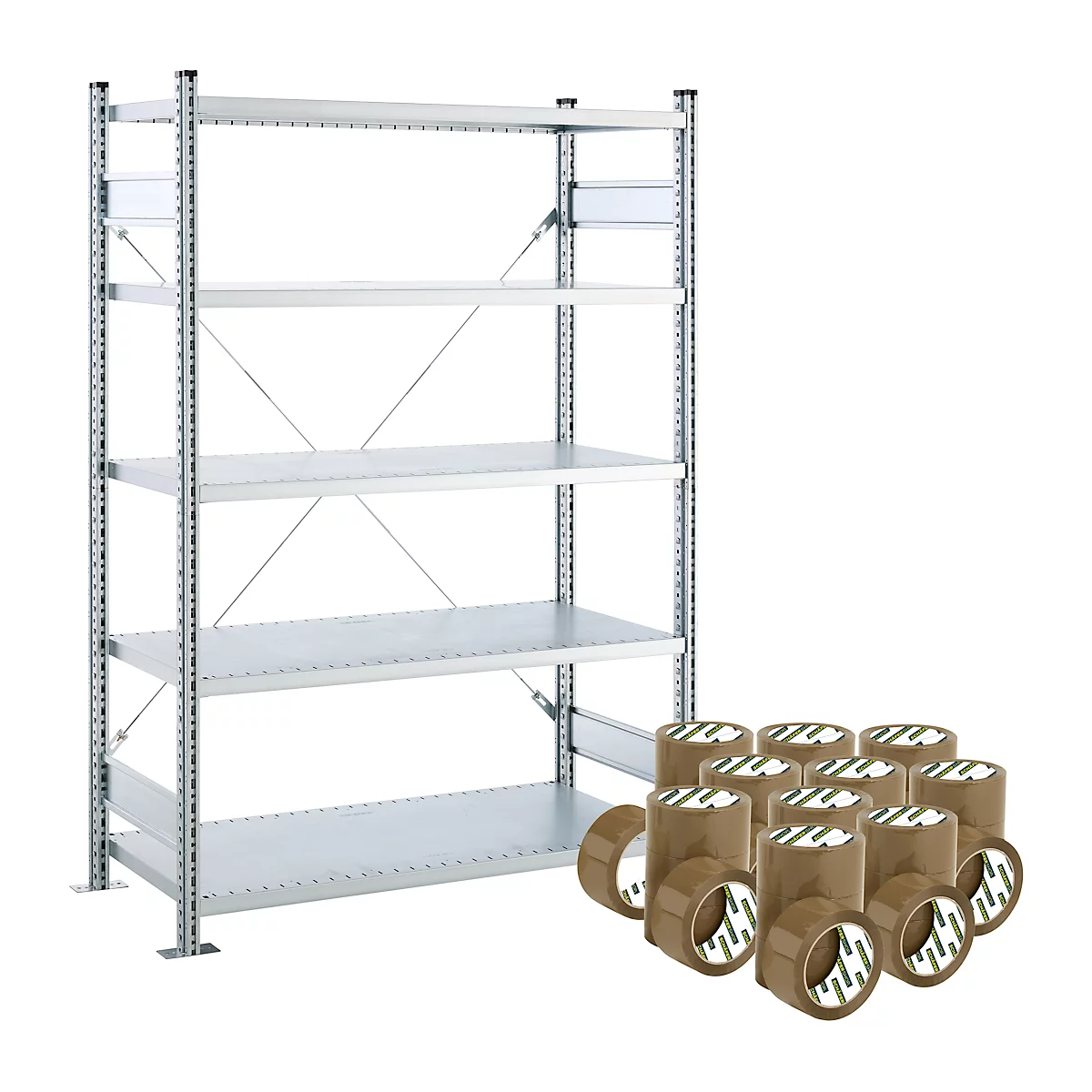 Metallregal mit mehreren Regalböden, darauf Dosen.