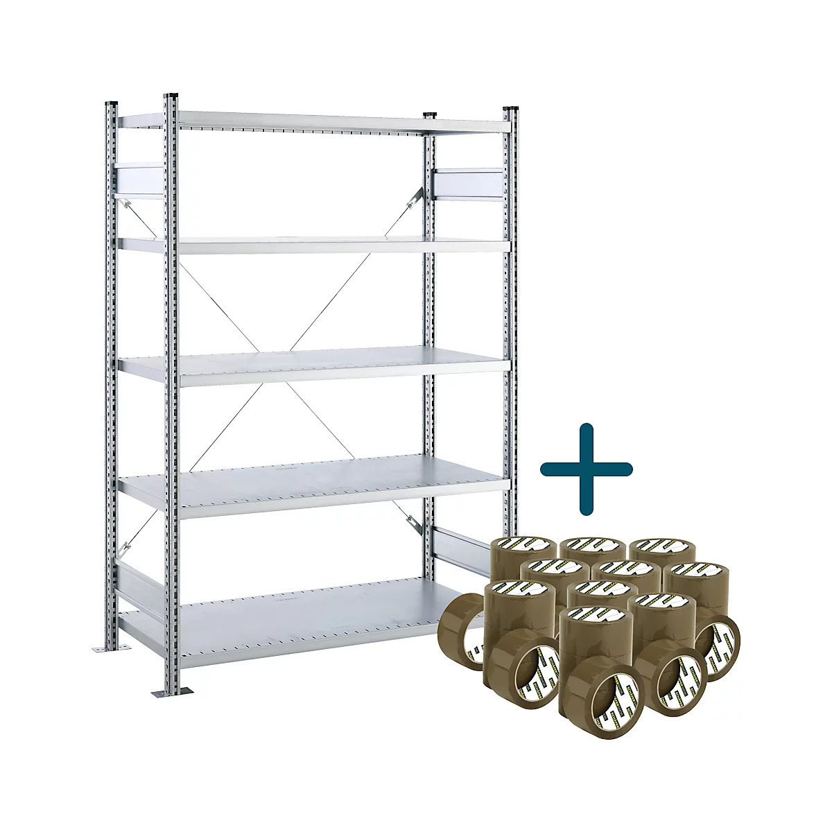 Regal mit Klebebändern. Das Regal hat mehrere Ebenen, rechts daneben liegen Klebebänder.