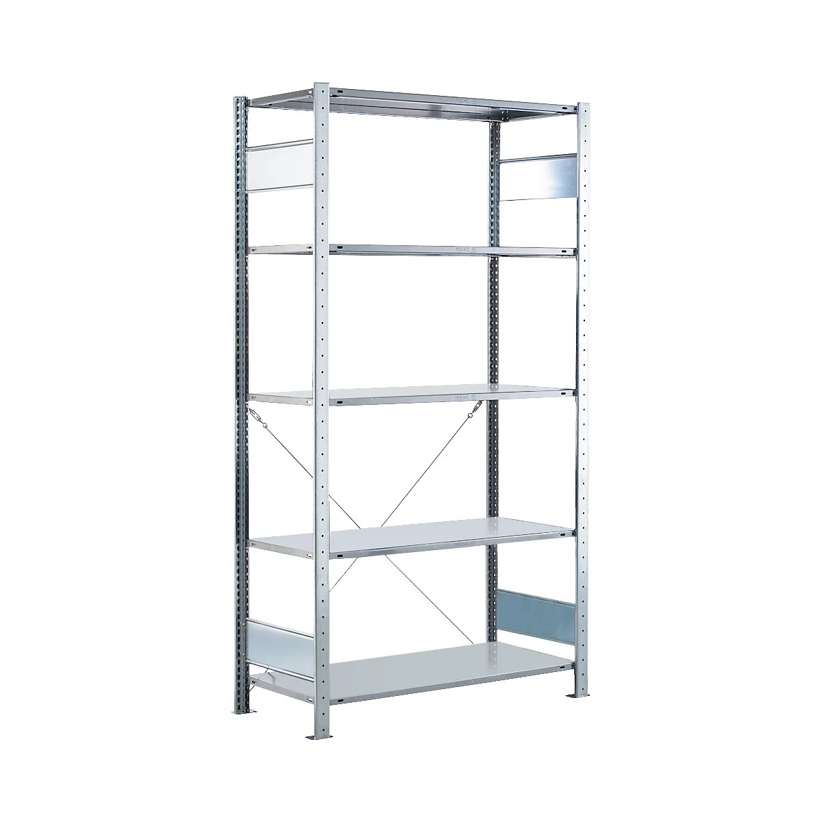 Metallregal mit fünf Ebenen. Silberfarbenes Regal mit Lochleisten und horizontalen Ablageflächen, freigestellt.