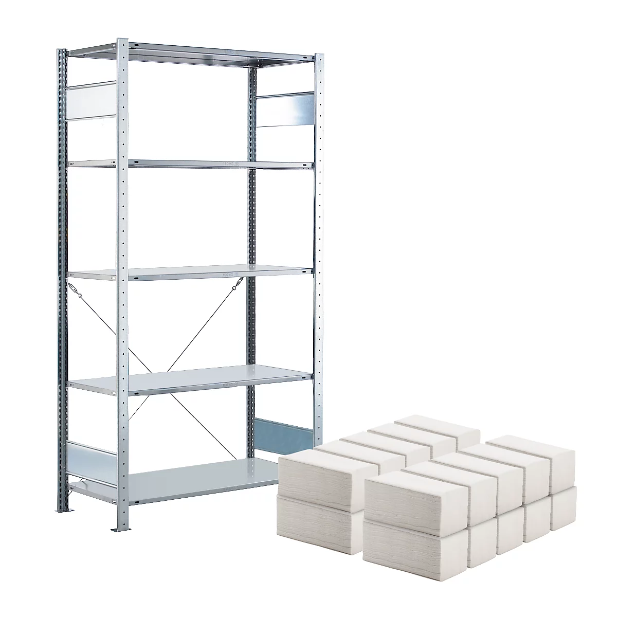 Metallregal mit fünf Regalböden, grau. Im unteren Bereich liegt ein Holzstück. Helle Umgebung.