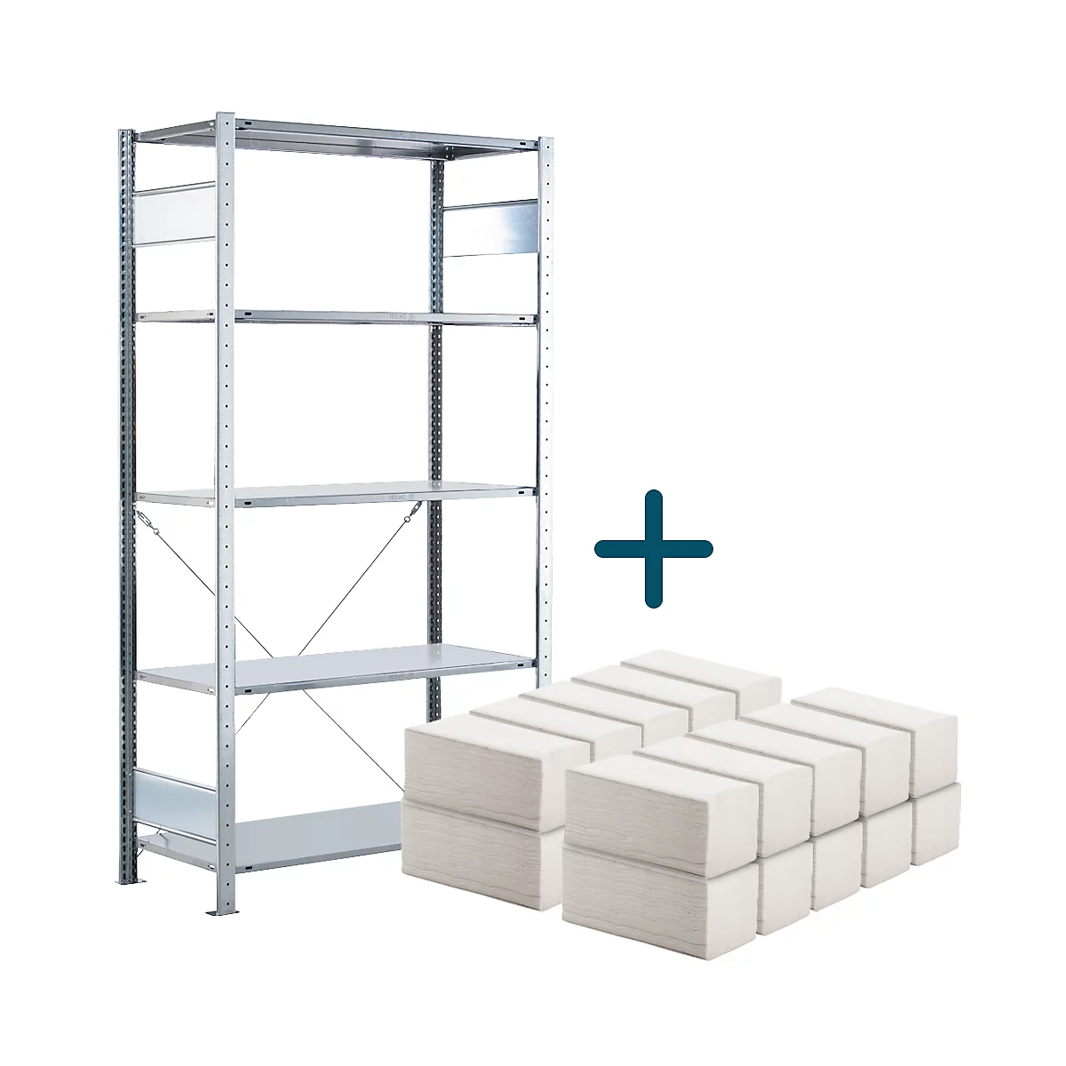 Regal mit mehreren Ebenen neben stapelweise Papierhandtüchern; blaues Pluszeichen.