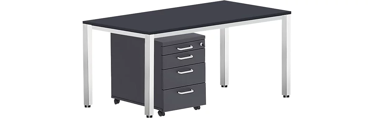 Komplettset BEXXSTAR, Schreibtisch 1600 mm breit und Rollcontainer, Quadratrohrfuß, schwarz