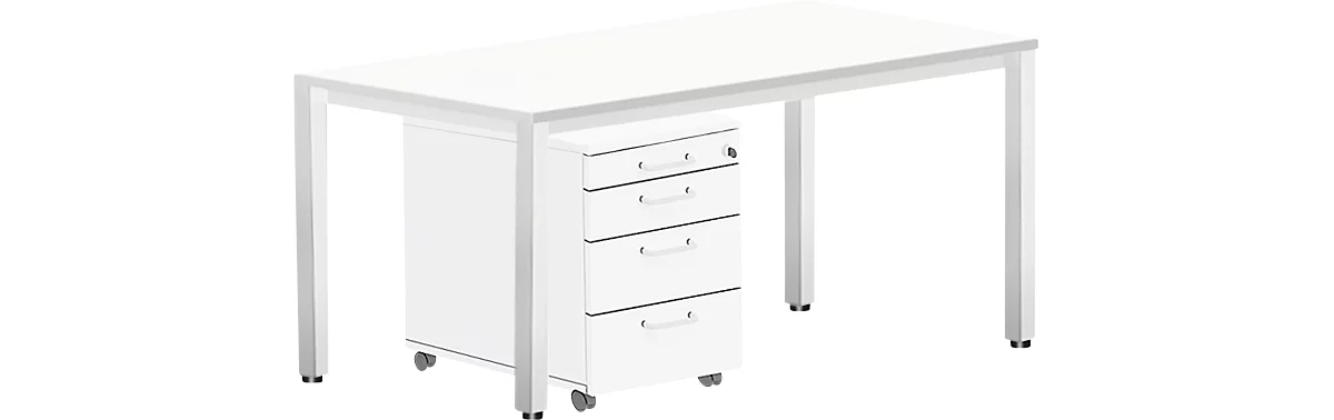 Komplettset BEXXSTAR, Schreibtisch 1600 mm breit und Rollcontainer, Quadratrohrfuß, weiß