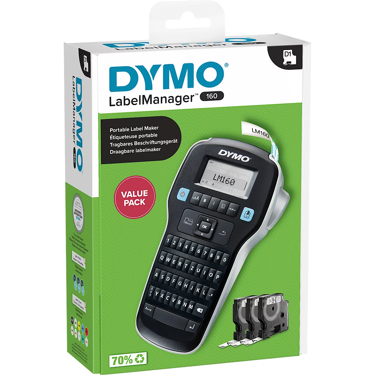 Komplettset Etikettendrucker DYMO® LabelManager™ 160, mit Schnellformatierungstasten + 3 x D1-Schriftband, L 7 m x B 12 mm schwarz auf weiß
