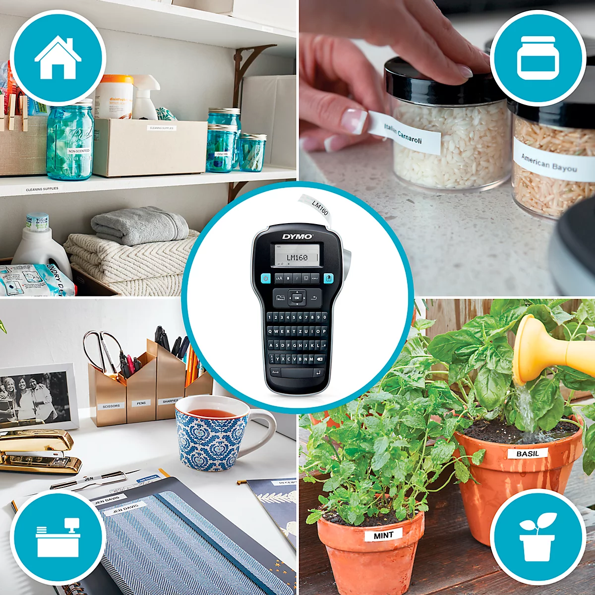 Dymo Beschriftungsgerät zentral umgeben von Anwendungsbeispielen für Ordnung in Haus, Küche, Büro und Garten.