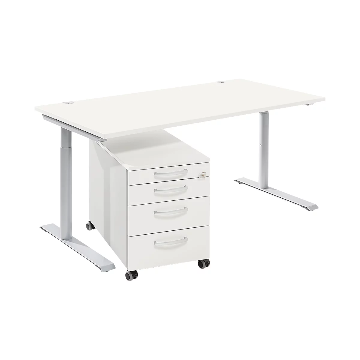 Weißer, höhenverstellbarer Schreibtisch mit Schubladenschrank. Der Schreibtisch steht auf zwei silbernen Füßen.
