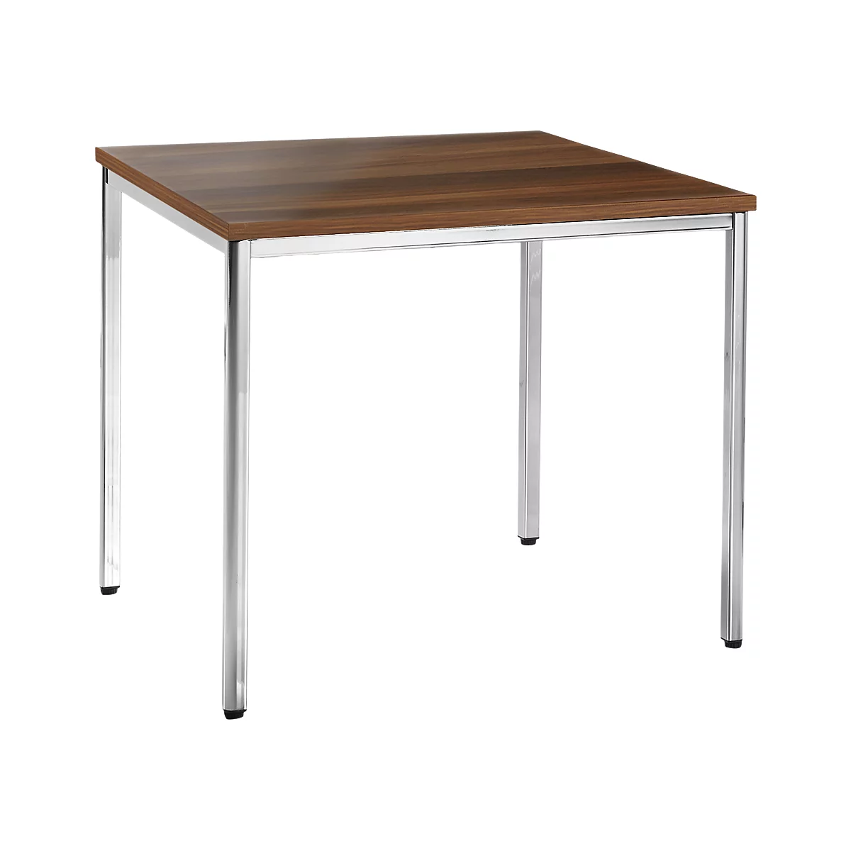 Quadratischer Tisch mit brauner Holzplatte und silbernen Beinen.