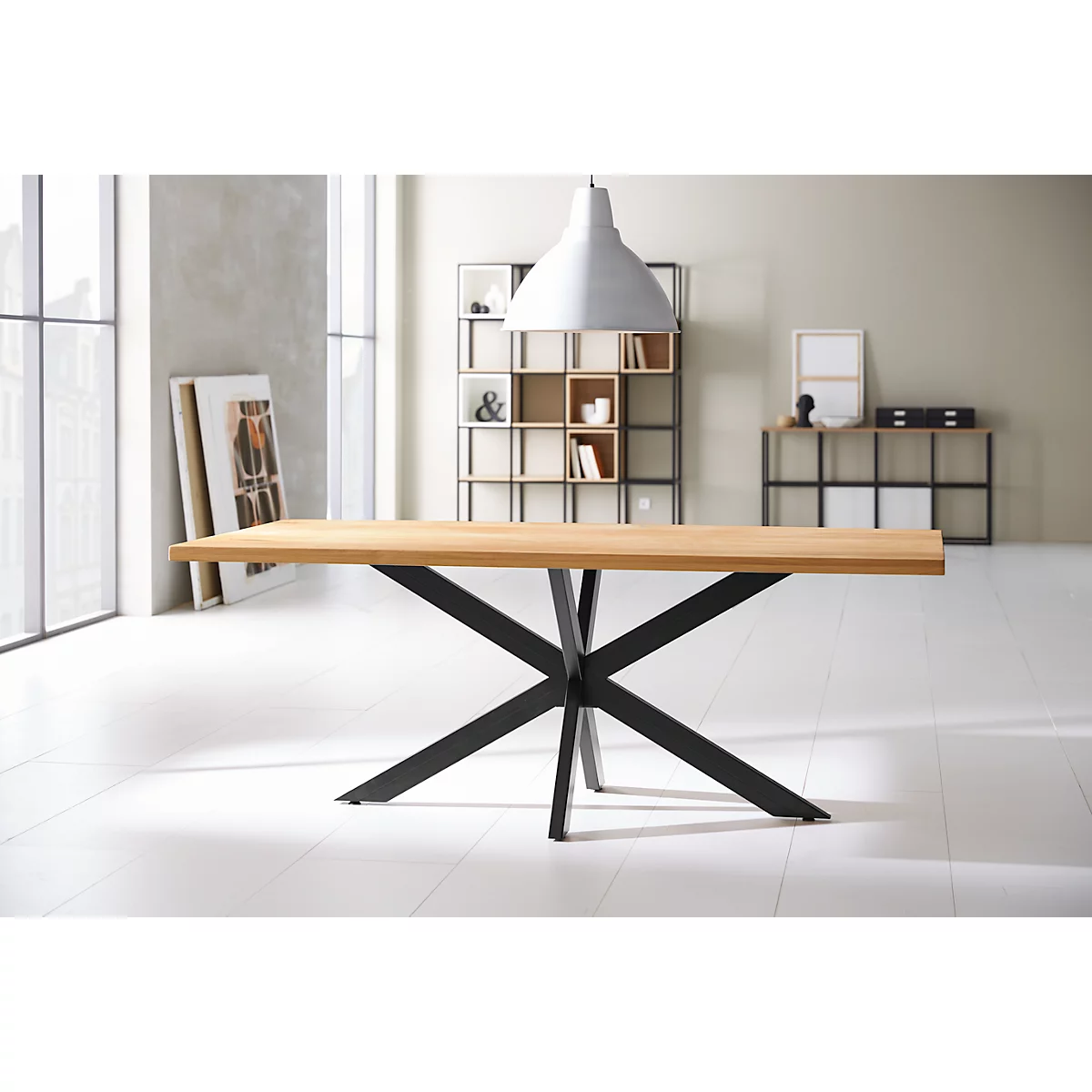 Konferenztisch FRED, Rechteck, X-Fußgestell, B 2000 x H 750 x T 900 mm, Wildeiche massiv/schwarz