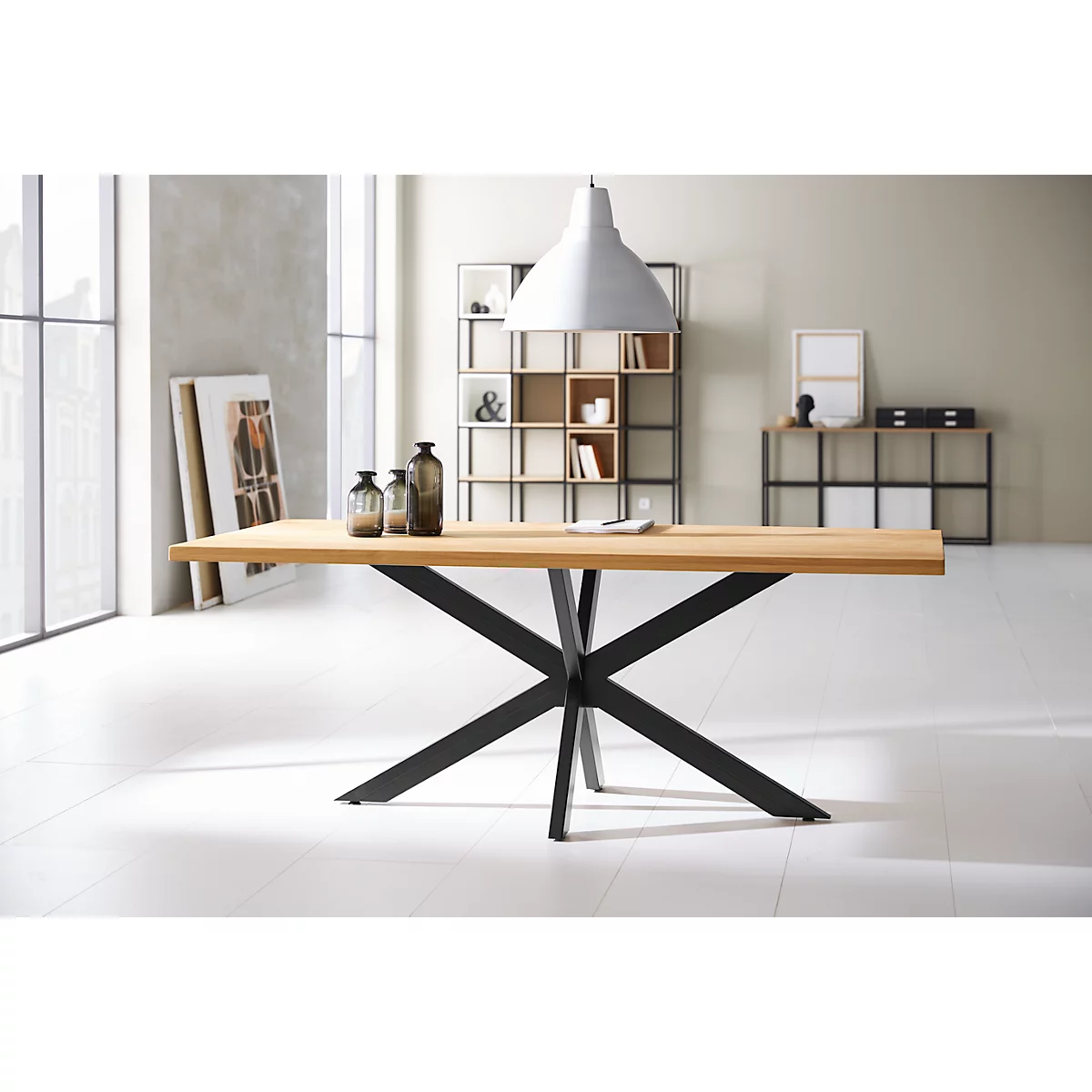 Konferenztisch FRED, Rechteck, X-Fußgestell, B 2000 x H 750 x T 900 mm, Wildeiche massiv/schwarz