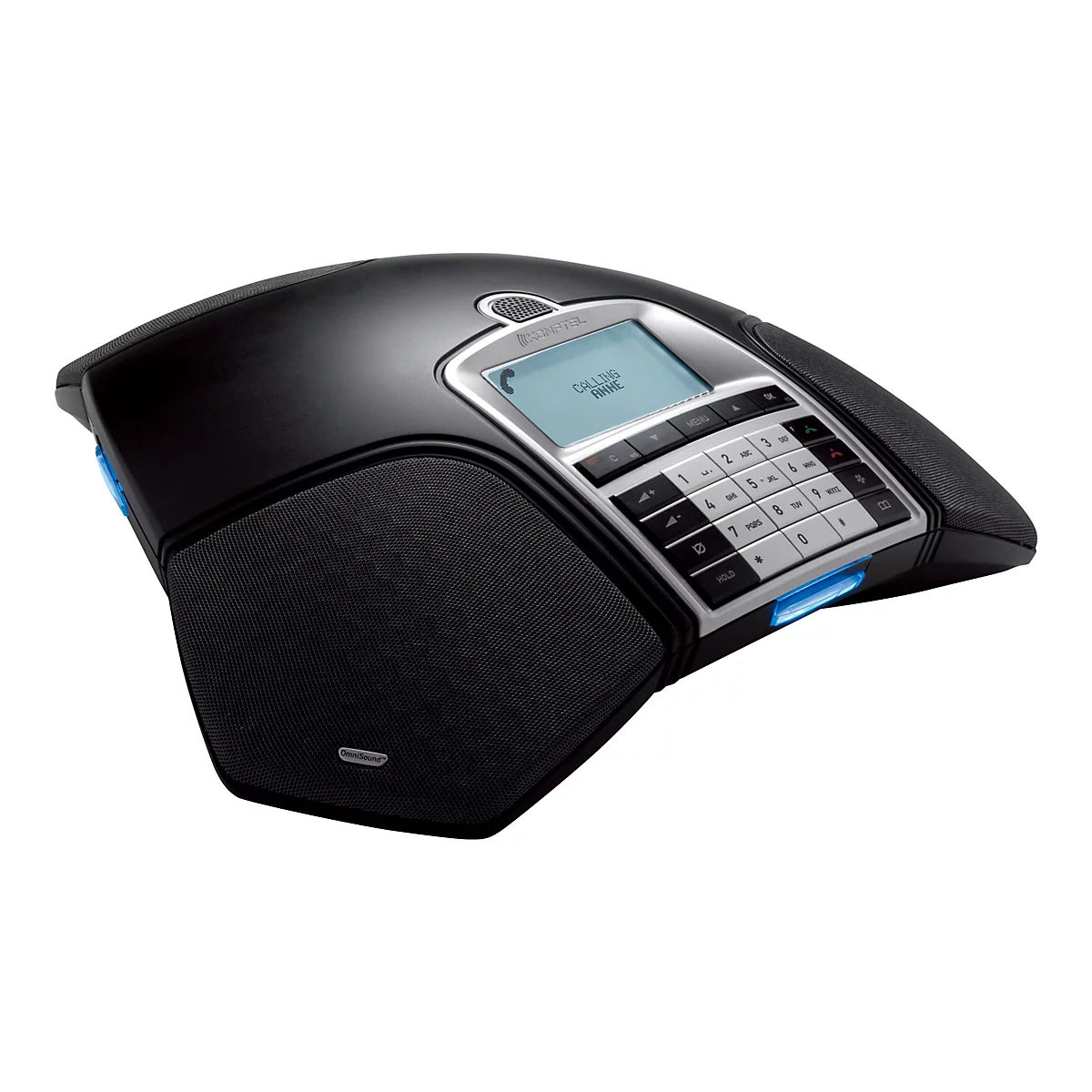 Schwarzes Konftel Konferenztelefon mit Display, Tastenfeld und blauen Lichtelementen auf weißem Hintergrund.