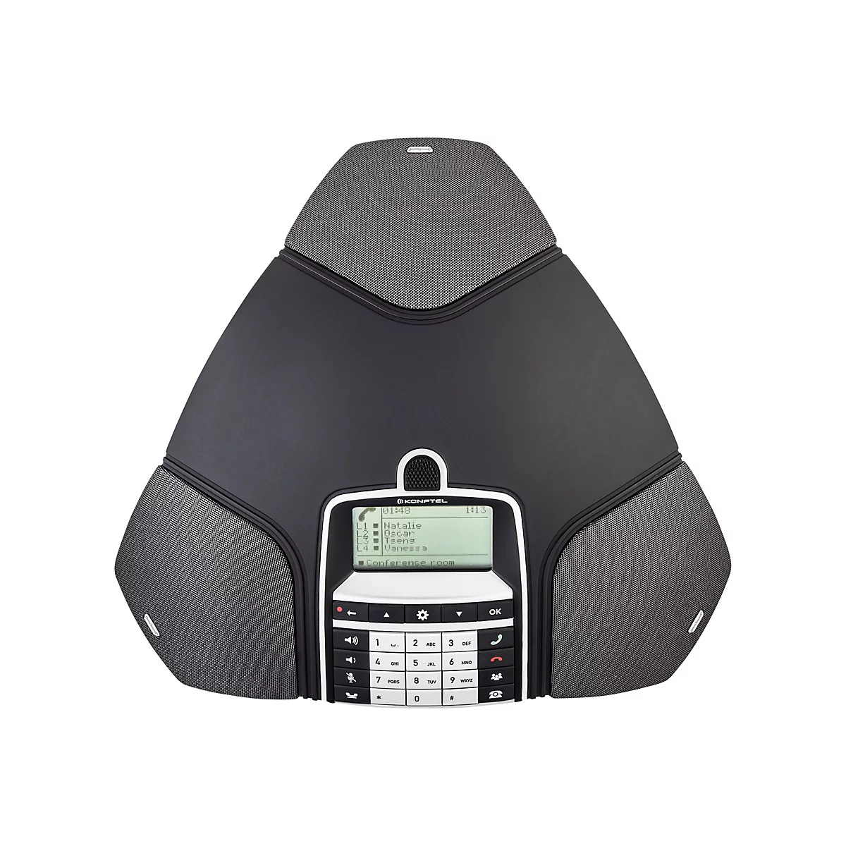 Schwarzes Konferenztelefon mit Lautsprechern und Display. Auf dem Display: Anrufliste. Mit Zahlen und Funktionstasten.