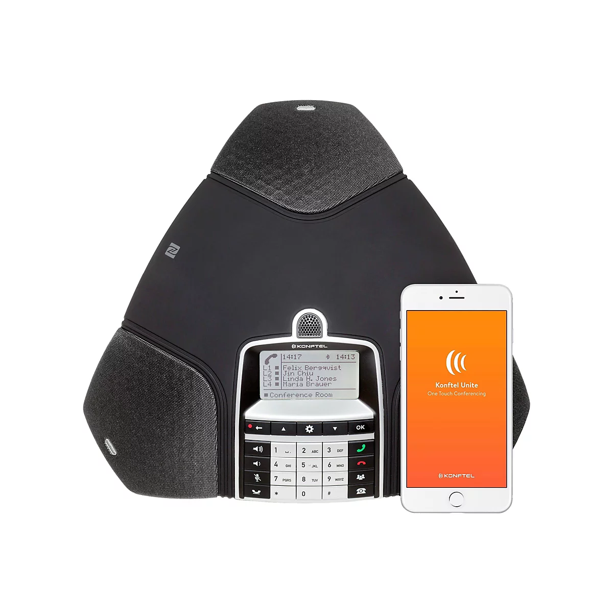 Schwarzes Konftel Konferenztelefon mit Display und Ziffernblock, daneben ein Smartphone mit Konftel Unite App.