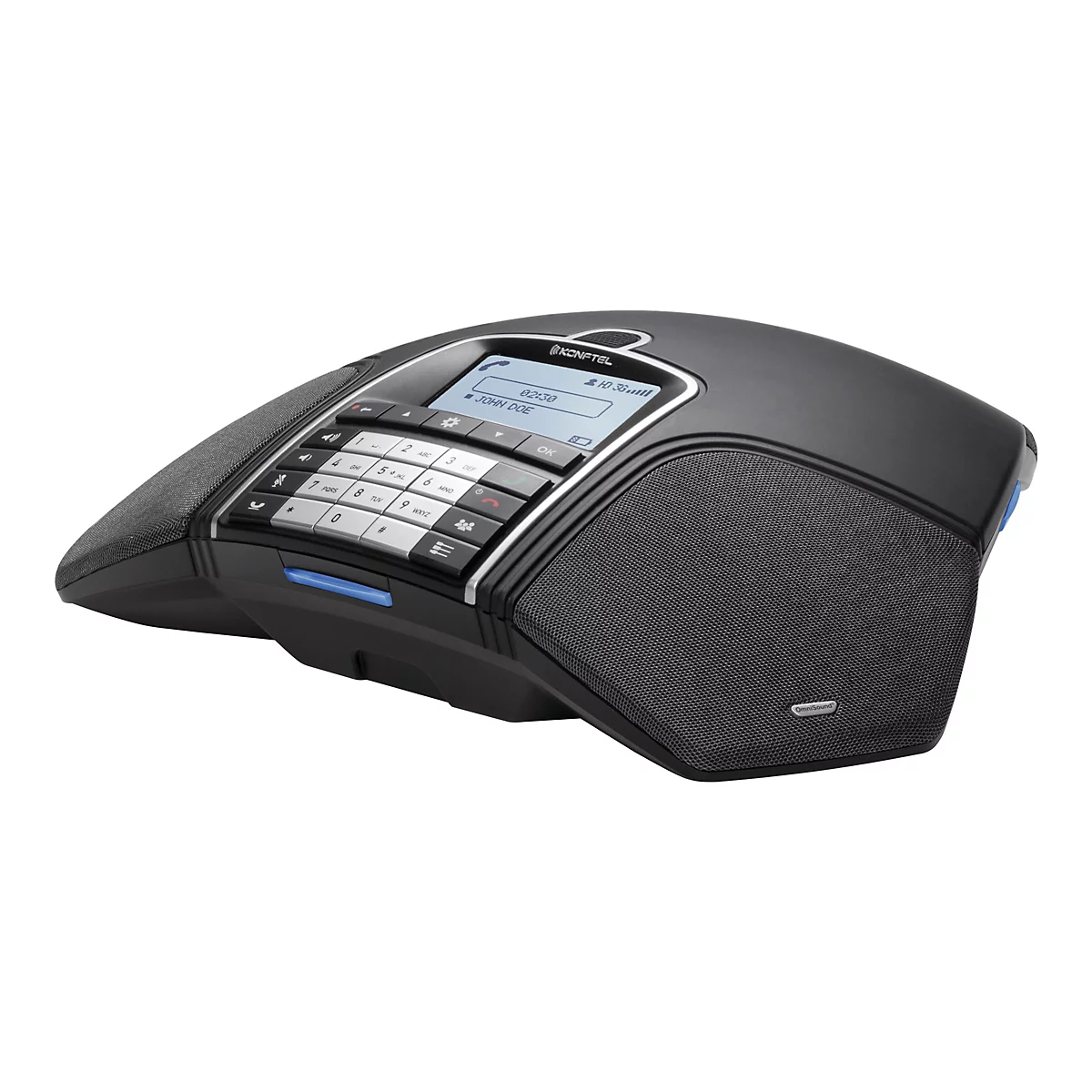 Schwarzes Konftel Konferenztelefon mit Tastenfeld und Display vor weißem Hintergrund.