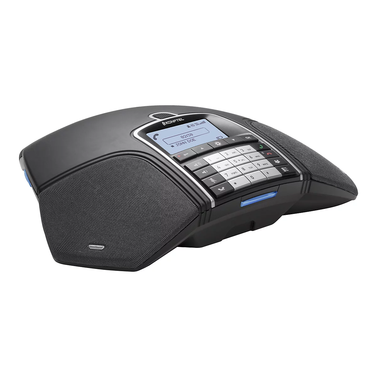 Schwarzes Konftel Konferenztelefon mit Tastenfeld und Display vor weißem Hintergrund.