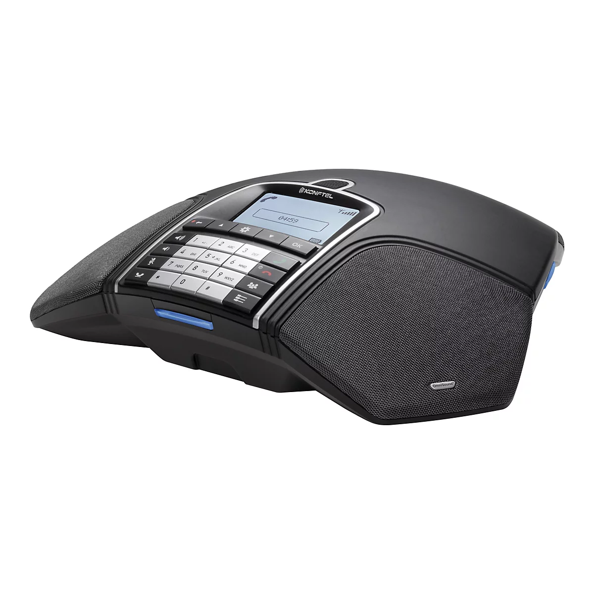 Schwarzes Konftel Konferenztelefon mit Tastenfeld und Display auf weißem Hintergrund.