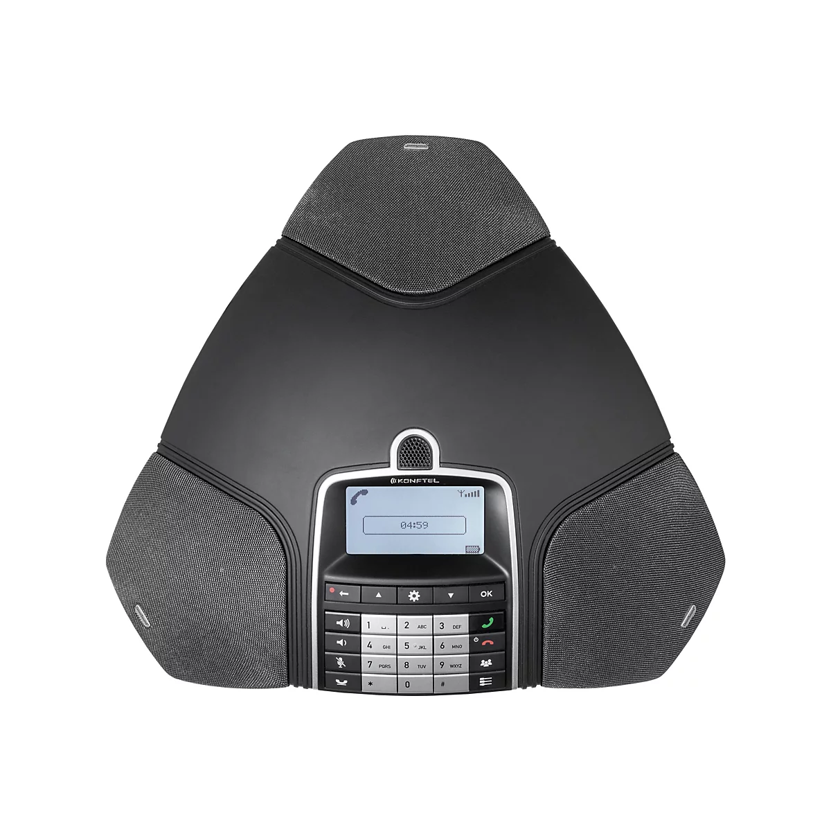 Schwarzes Konftel Konferenztelefon mit dreieckigem Design, Display und Tastenfeld vor weißem Hintergrund.
