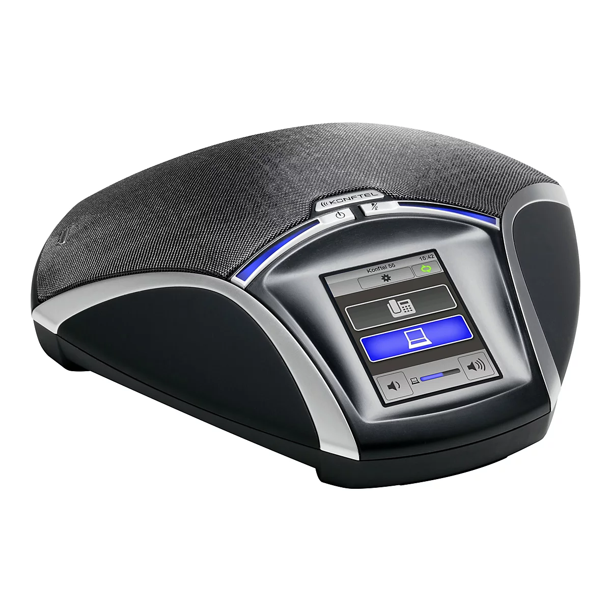Konftel 55 Konferenztelefon mit Touchscreen-Display und Lautsprechergitter vor weißem Hintergrund.