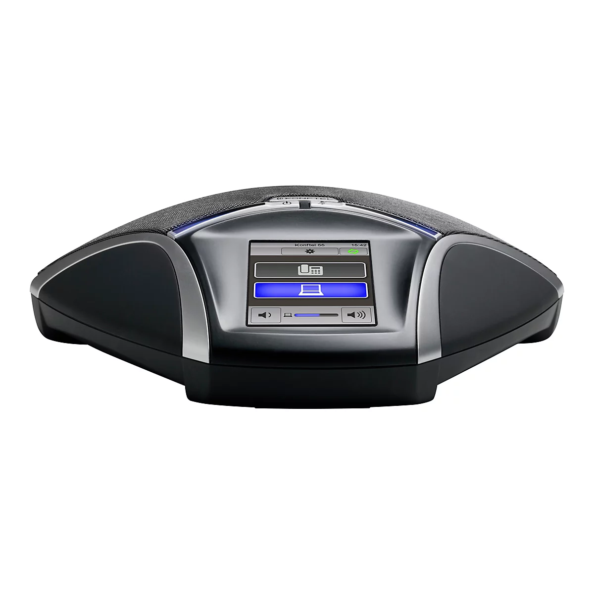 Schwarzes Konftel 55 Konferenztelefon mit Touchscreen-Display vor weißem Hintergrund.