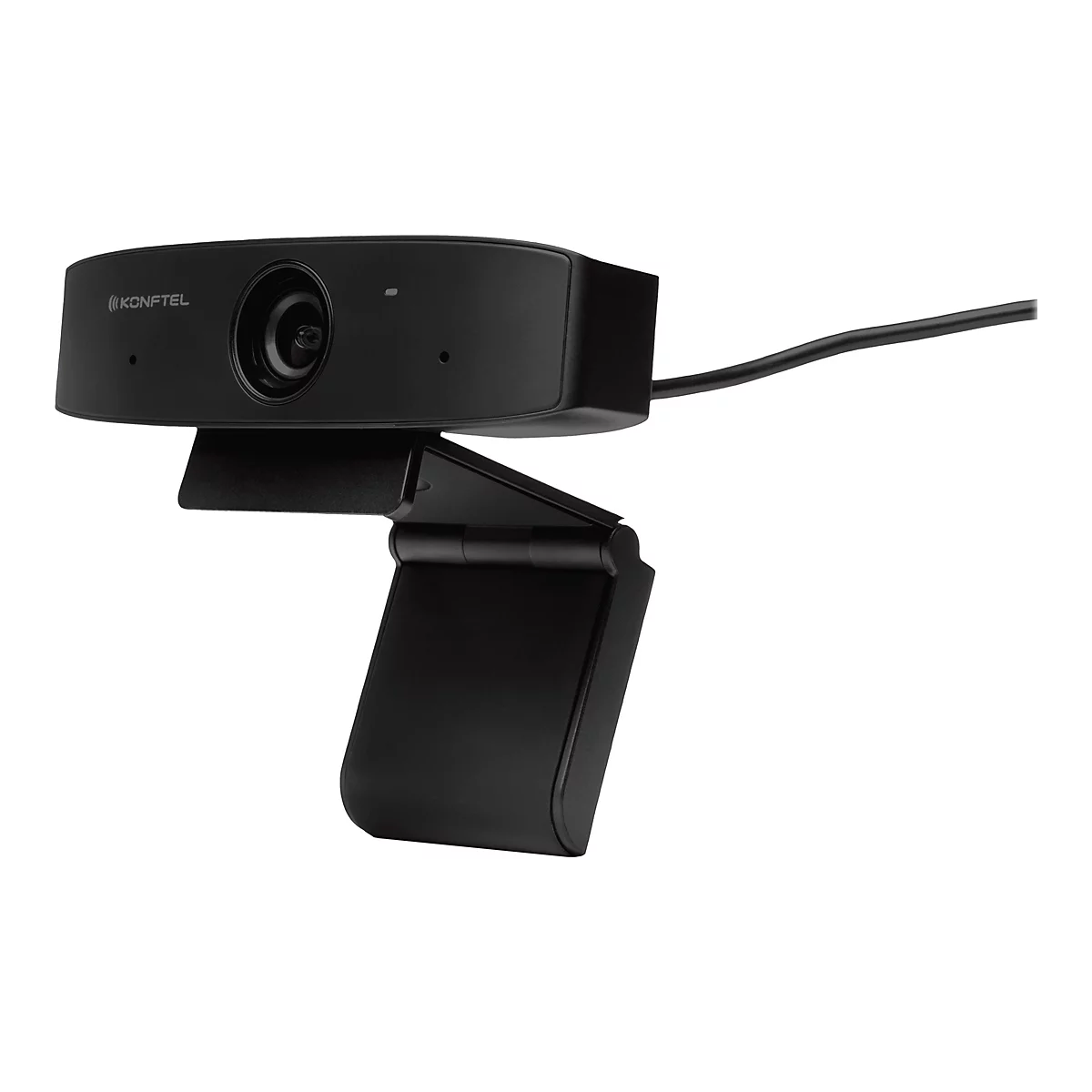 Schwarze Konftel-Webcam auf verstellbarem Standfuß, vor weißem Hintergrund.