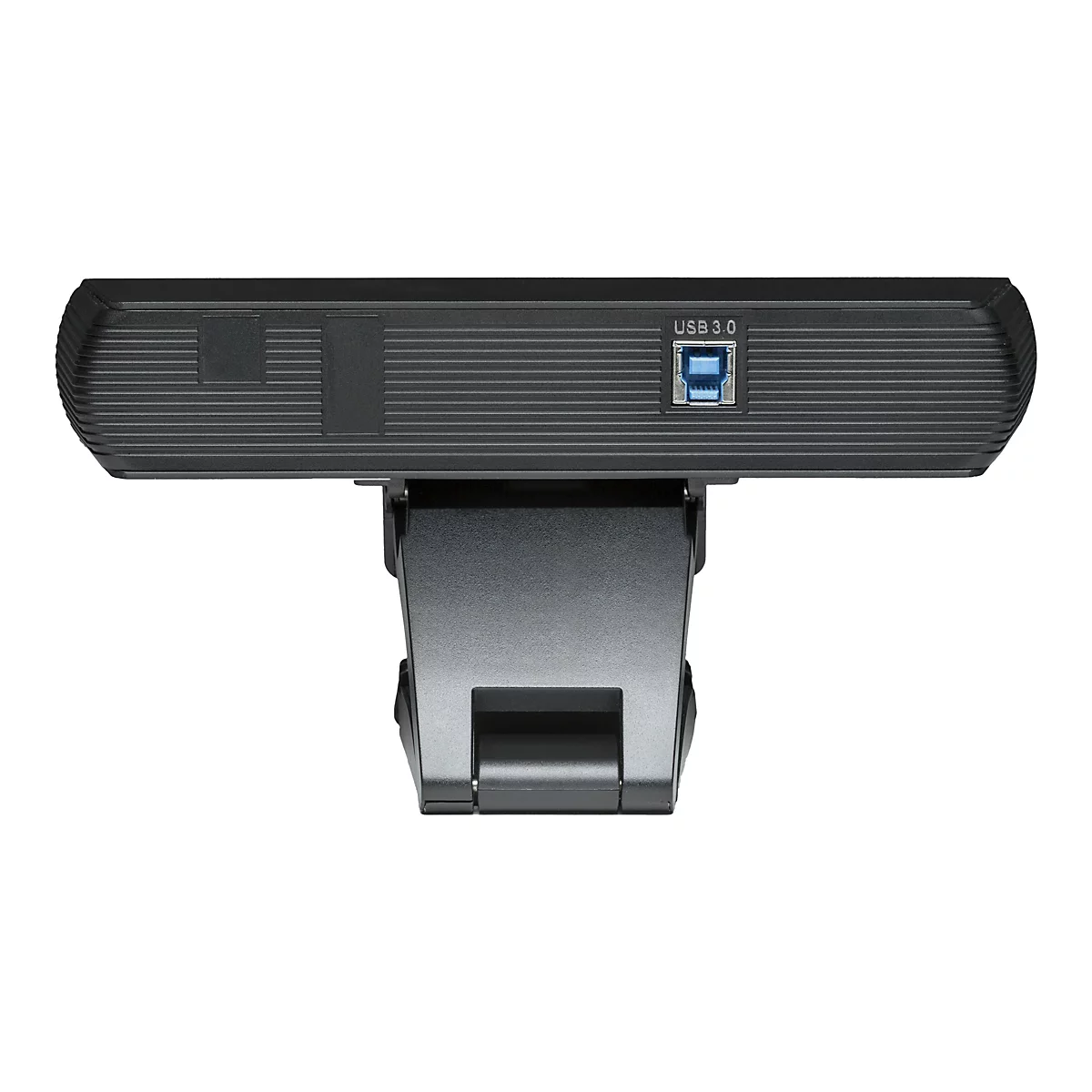 Schwarze Webcam mit USB 3.0 Anschluss, unter einem weißen Hintergrund. Die Webcam hat eine Halterung.