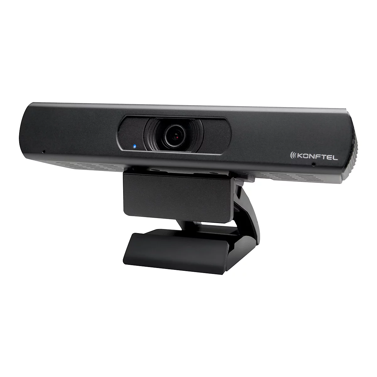 Schwarze Webcam mit eingebautem Mikrofon, montiert auf einem Ständer, vor weißem Hintergrund. Das Konftel-Logo ist auf der rechten Seite sichtbar.