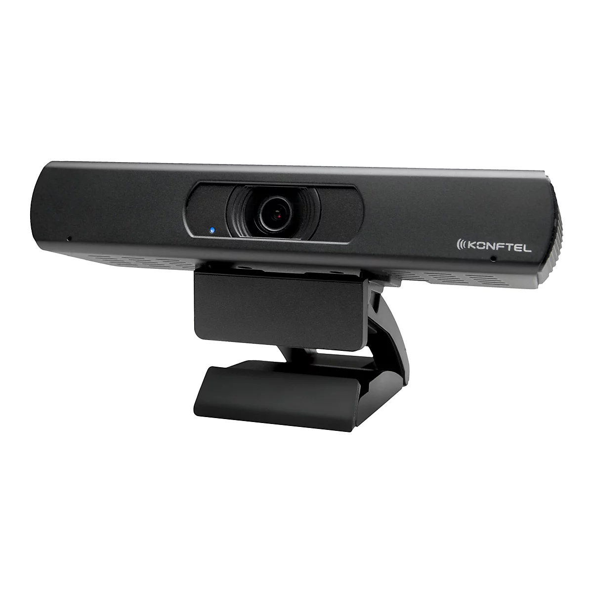 Schwarze Webcam auf einem weißen Hintergrund. Die Webcam hat ein längliches Design mit einer Kamera in der Mitte, einen Ständer und dem Logo "KONFTEL".