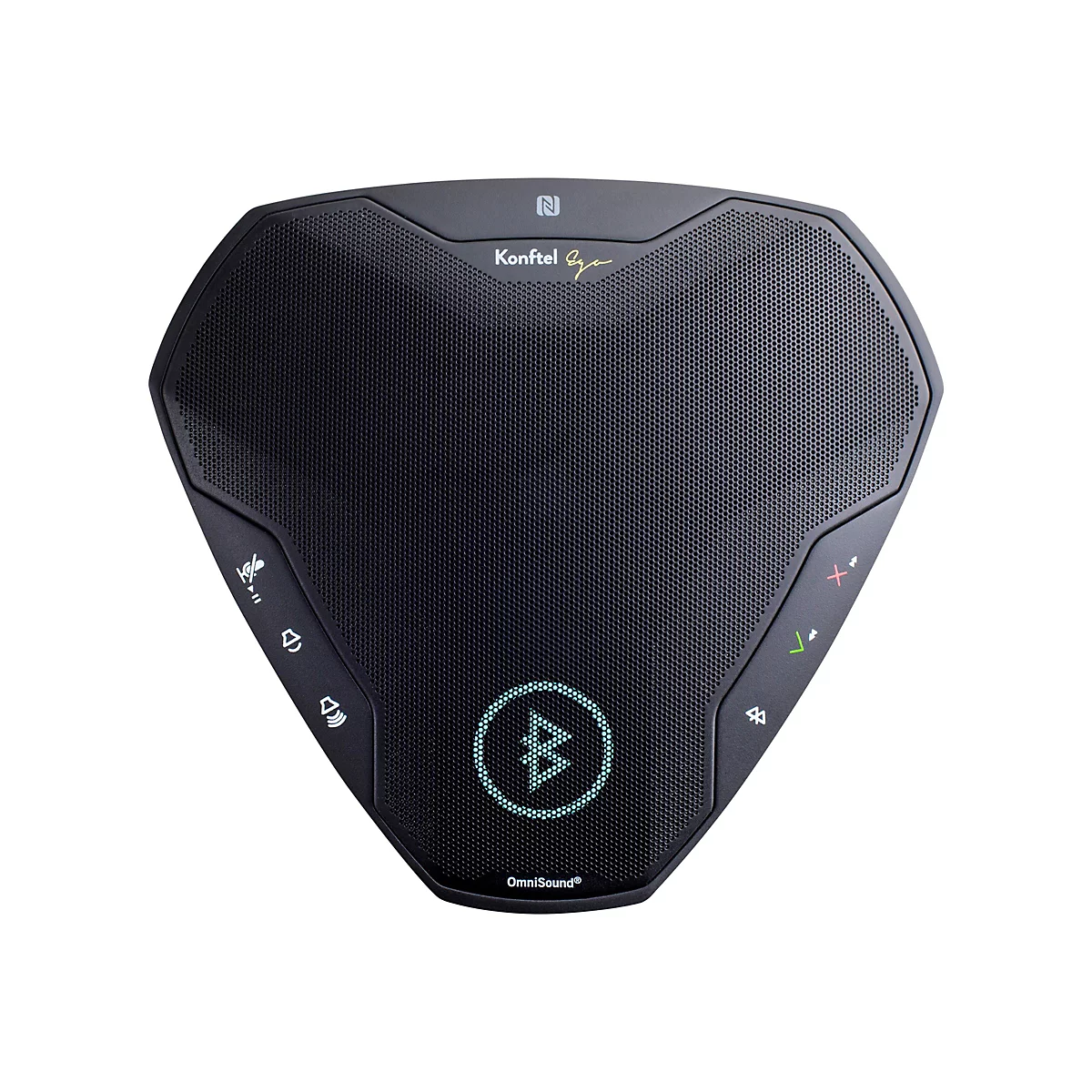 Schwarzes, dreieckiges Konftel Ego Konferenztelefon mit Bluetooth-Symbol und Tasten auf weißem Grund.