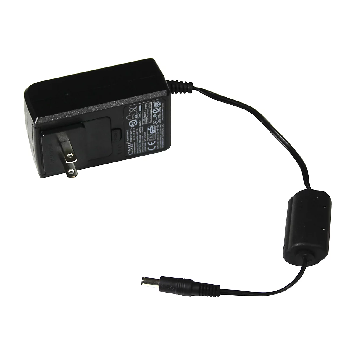 Schwarzes Steckernetzteil mit Kabel und kleinem runden Hohlstecker vor weißem Hintergrund.