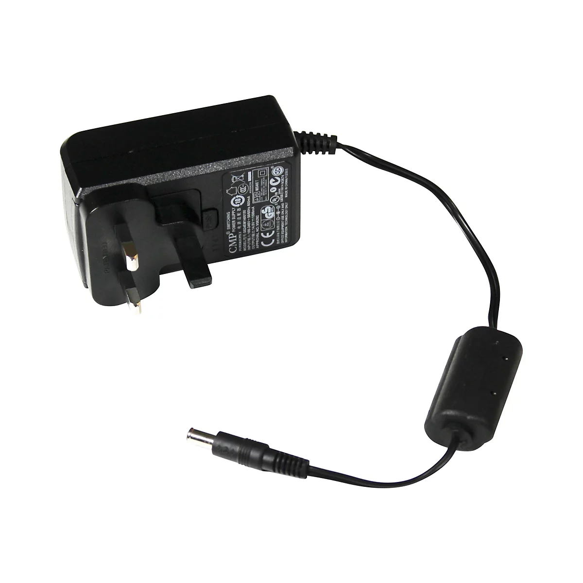 Schwarzes Steckernetzteil mit britischem Netzstecker und Kabel mit Ferritkern und Rundstecker.