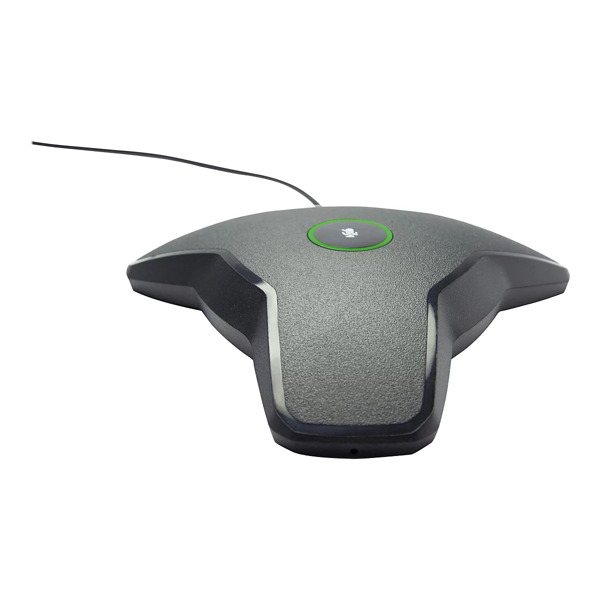 Dunkelgraues Konferenzmikrofon in Sternform mit einem mittigen Stummschalt-Button vor weißem Hintergrund.