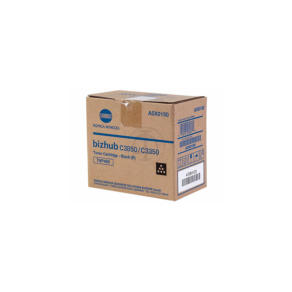 Brauner Karton von Konica Minolta mit Texten wie "bizhub c3850/C3350" und "Toner Cartridge - Black (K)".