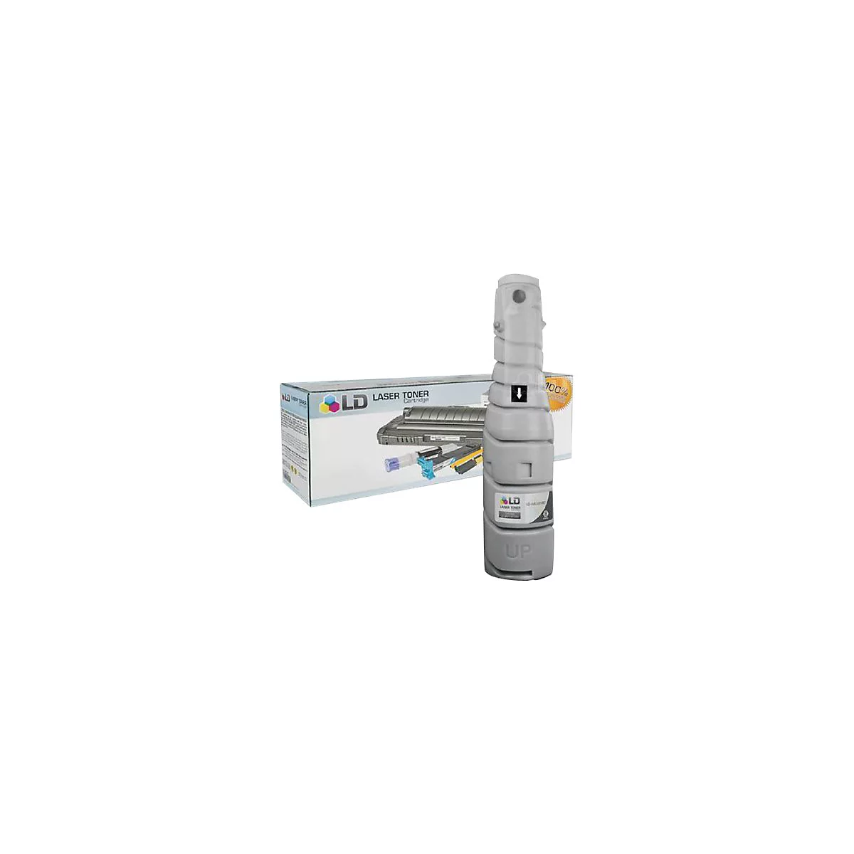 Eine graue Lasertonerpatrone neben der Verpackung. Auf der Verpackung steht 'LD Laser Toner'.