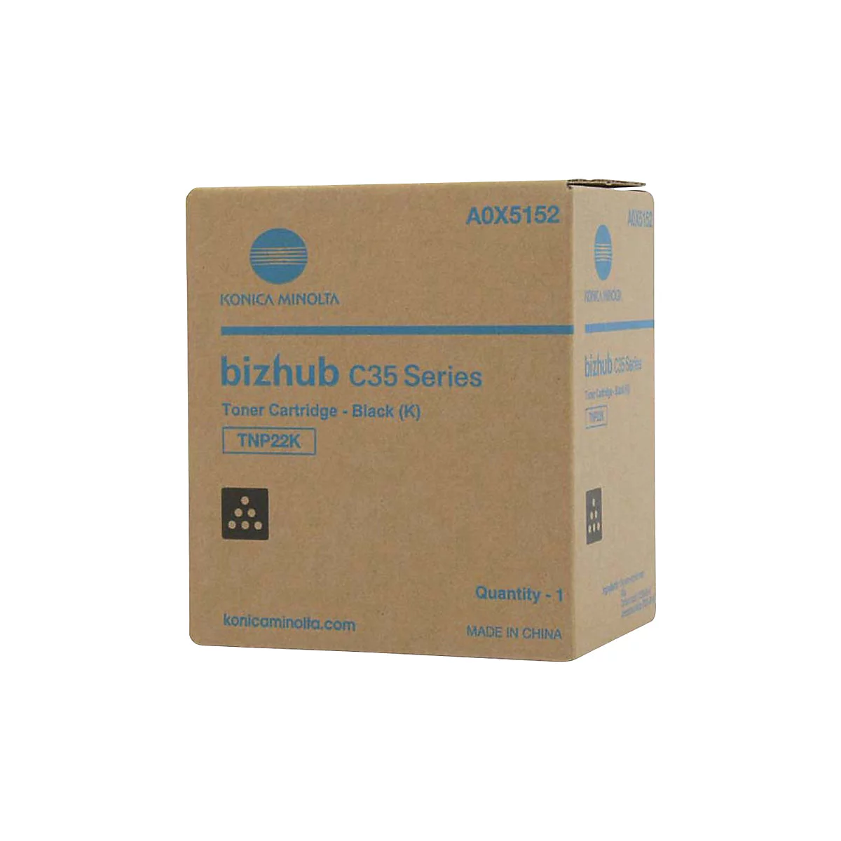 Braune Kartonverpackung mit Aufdruck Konica Minolta Bizhub C35 Series mit schwarzer Toner-Kartusche. Aufschrift TNP22K.