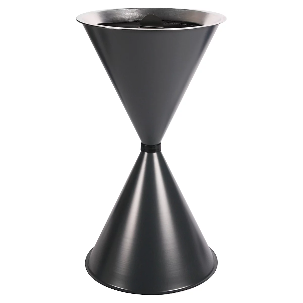 Konisch geformter, grauer Behälter mit silberner Oberkante. Erinnert an eine Sanduhr.