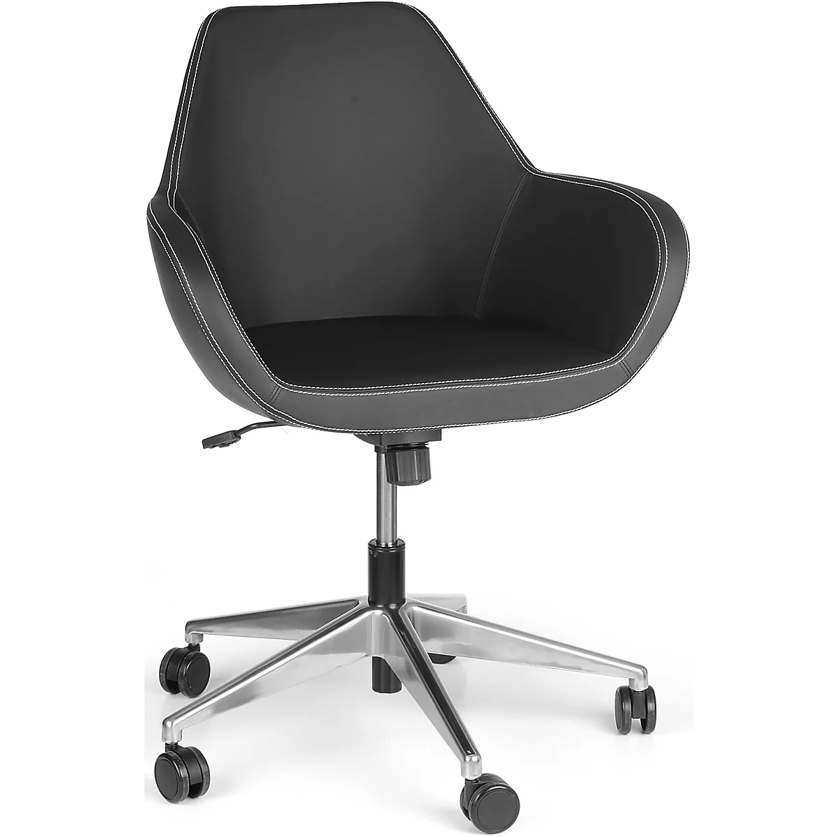 Black office chair with armrests. The seat and backrest are upholstered. The frame is silver-colored and has wheels.