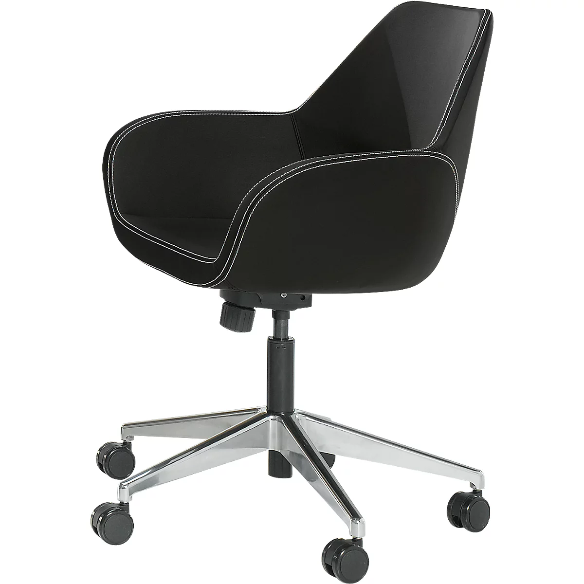 Black office chair with white stitching and chrome frame. The chair is equipped with five castors.